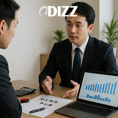 スーツ姿の男性二人がテーブルに向かい合っています。手前には**「個人再生 申立書」**と書かれた書類があり、ノートパソコンにはグラフが表示されています。一人の男性が熱心に説明しており、債務整理（個人再生）の専門的な相談の様子がうかがえます。